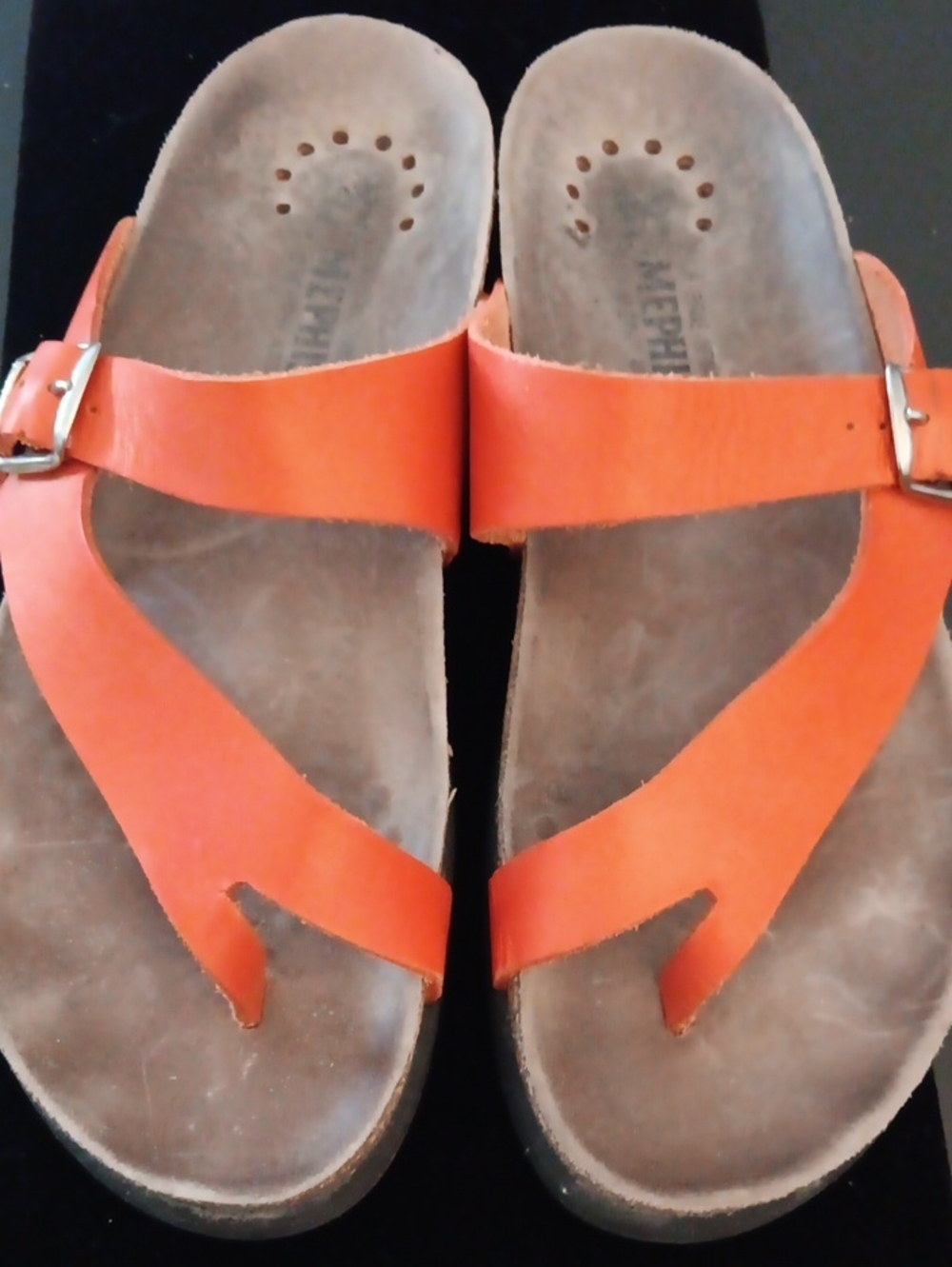 Mephisto Women's Orange Leather Toe-Post Sandals with Buckle